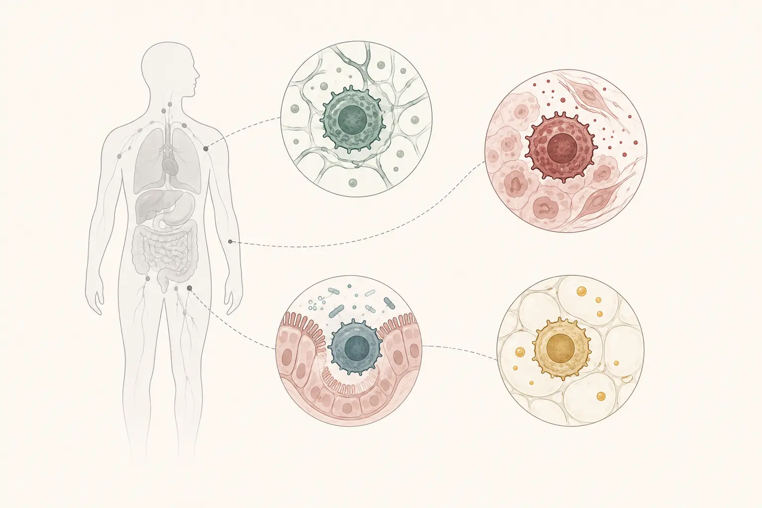 Conceptual human figure connected to lymph node, tumor, intestine, and adipose tissue niches, each containing a lymphocyte in a distinct state